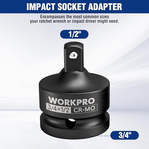 Image of WORKPRO CR-MO 3 /4F to 1 /2M Impact Socket Adapter, Square Drive Reducer | CR-MO Steel, Ball-Detent Retention and Phosphate Finish; 3 /4F-to-1 /2M Conversion for Impact Wrenches, Ratchets and Sockets