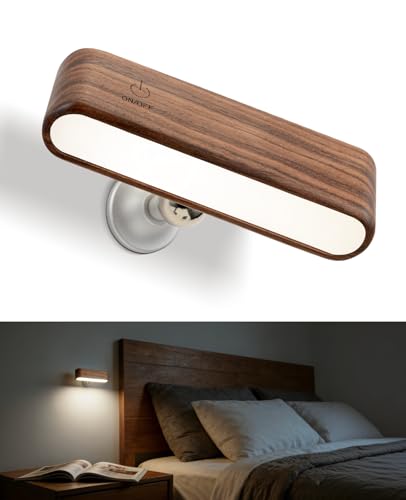 Image of Wood LED Wall Sconce Magnetic 360Rotate Wall Mounted Lamp Brightness Adjustable Night Lights Rechargeable Battery Powered Reading Light for Bedside Hallway Living Room (1 Pack Black Walnut)