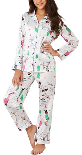 PATPAT Kids Girls Satin Pajama Set with Storage Bag - Silky Long Sleeve Sleepwear with ButtonDown Top and Pants,White Festive Ski Size 9-10 Years