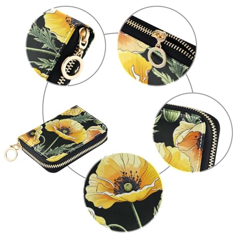 Funny Wallet for Women Small Credit Card Protector RFID Blocking Cartoon Yellow Flower Black Zipper Coin Purse with Key Ring4