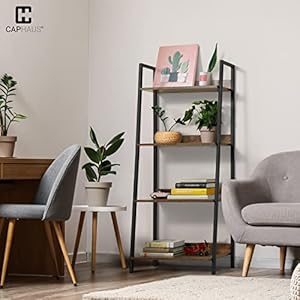 Caphaus 4 tier ladder bookshelf 24 inch width free standing shelf bookcase shelf storage rack organizer industrial book shelves for home office living room kitchen rustic oak vintage shelves  urban country home decor