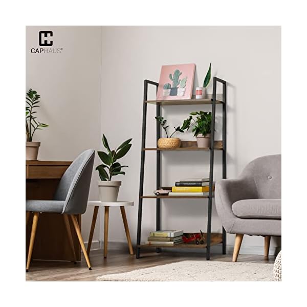 Caphaus 4 tier ladder bookshelf 24 inch width free standing shelf bookcase shelf storage rack organizer industrial book shelves for home office living room kitchen rustic oak vintage shelves  urban country home decor
