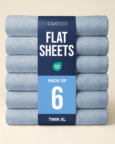 Twin XL Size Flat Sheet - Pack of 6 Flat Bed Sheet Only - Heathered Blue