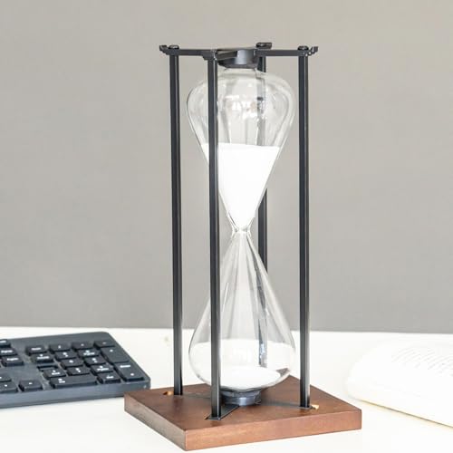 Large Black Iron Craft Hourglass Timer 60 Minutes,Modern Hour Glass Timers Gift for Men & Women, Sand Timer for Kitchen Home Office Desk Deco (White)