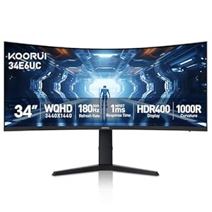 KOORUI 34-inch Curved Ultrawide WQHD 3440×1440 Gaming Monitor, 180Hz 1000R- PIP/PBP, 1ms(MPRT), HDR400, DCI-P3 95%, FreeSync Premium, 1 x DP 1.4 & 2 x HDMI 2.0, Tilt Height Swivel Adjustment, 34E6UC