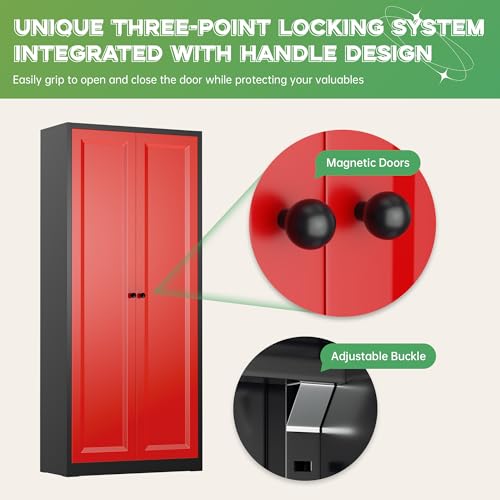 Image of INTERGREAT Metal Storage Cabinet with Magnetic Doors, 63 inch H Traditional European Style Metal Cabinets with 2 Doors and 4 Adjustable Shelves for Home Office, Kitchen, Bathroom (Black Red)