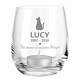 Glas-Windlicht -Für Immer in unseren Herzen- Trauer Deko Geschenk als Andenken an die Katze I personalisiert mit dem Namen des Haustiers
