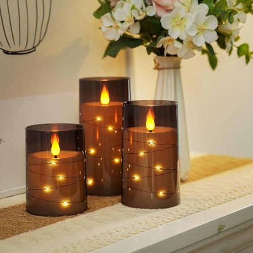 Image of Flickering Flame with Fairy Lights | Flameless Candles 3 Set | Grey Acrylic LED Pillars | Remote & Timer | Battery Operated | D3 xH4 5 inch 6 inch | Home Decor | Safe & Stylish