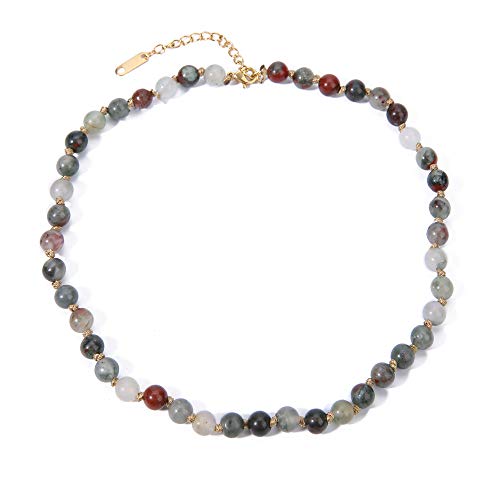 BALIBALI Semi Precious Stone Beaded Choker Necklace 14K Gold Plated Natural Stone Double Strand Necklace Layered Short Necklaces (Bloodstone)
