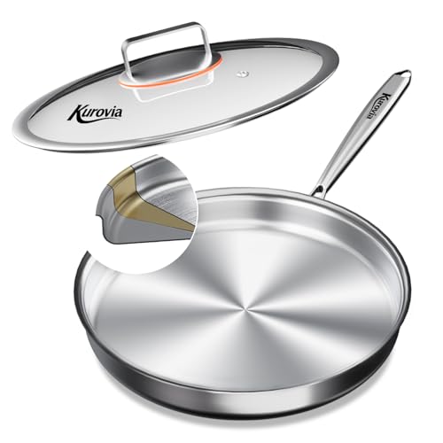 Kurovia Tri-Ply Stainless Steel Frying Pan Compatible with All Cooktops Up to 600 Large Frying Pan with lids Induction-Ready Skillet Dishwasher and Oven Safe Even Heat (12.4 Inch)