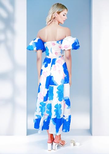 Image of GOLDSTITCH Women's 2026 Boho Floral Maxi Dress Puffy Short Sleeve Cutout V Neck Casual Long Beach Dress
