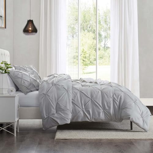 Image of Nestl Twin Duvet Cover Set Light Grey - Soft Double Brushed Duvet Set with Button Closure & Corner Ties, 2 Piece Luxurious Pinch Pleated Duvet Cover Set 68x90 Inches with 1 Pillow Sham