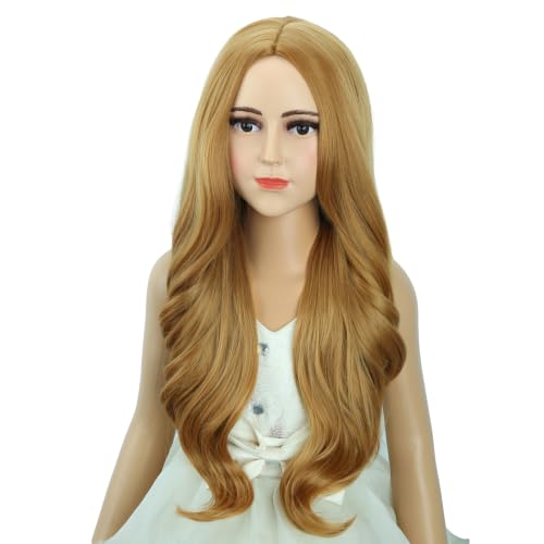 Image of Girls Strawberry Blonde Wig Kids Long Blonde Wavy Curly Wig Child Middle Part Wigs Heat Resistant Synthetic Wigs with Cap