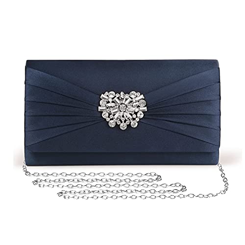 Image of Evening Bags For Women Pleated Satin Rhinestone Brooch Prom Clutch Purse With Detachable Chain Strap