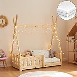 [en.casa] [Neu.Haus Cama para niños de Pino con Colchón de Espuma fría con Reja Seguridad 140x70cm Cama Infantil Tipi Carpa Indio - Natural