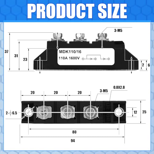 Yexiya MDK 110A (100A)-16 Solar Diode, DC Blocking Unidirectional in-line Anti Reverse Diode Peak Voltage 1600V Use Voltage Range: AC - 400VAC DC3-1000VDC, Include:12VDC 24VDC