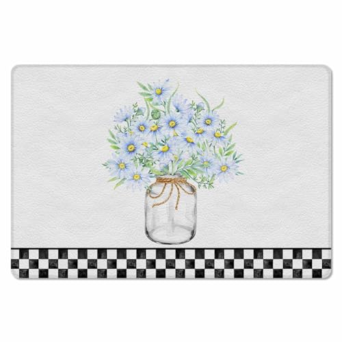 Blue Daisy Floral Antifatigue Kitchen Bath Door Mat Cushioned Runner Rug,Washable Welcome Floor Sink Mat,Waterproof Non-Slip Kitchen Standing Doormat,White Black Checkered Spring Floral Summer 18