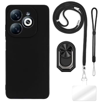 ESACMOT Capa projetada para Infinix Smart 8 Pro 4G X6525B (16.8 cm) + cordões de pescoço e transversal ajustáveis, alça de pulso macia e suporte de anel de dedo estilo mecha com suporte