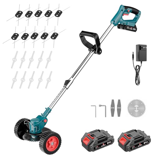 Desbrozadora Electrica Bateria 21V Cortabordes Batería Brushless con 2 Baterías 3.0Ah,con 10 Hilos de Acero, 10 Cuchillas de Plástico, 2 Cuchillas de Metal y una Cuchilla Circular de Acero