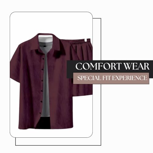 Image of COMBRAIDED Men's Stylish Shirt and Shorts Combo | Regular Fit | Self Design Pattern | Premium Cotton Viscose Blend Fabric | Perfect for Casual