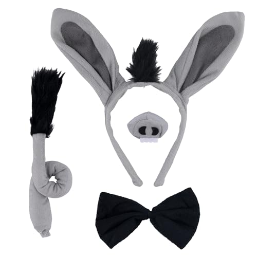 NQEUEPN 4pcs Donkey Costume Accessories Set, Funny Cute Donkey Ears Headband Nose Tail Bow Tie Animal Fancy Dress up Outfit Halloween Christmas Party Cosplay Kit for Adults Kids Girls Boys