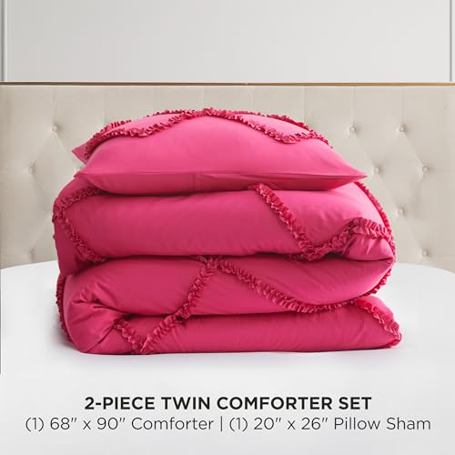 Image of Juicy Couture Diamond Twin Comforter Set - Ruffle 2-Piece Machine Washable Reversible Bedding Comforter Set, Hot Pink