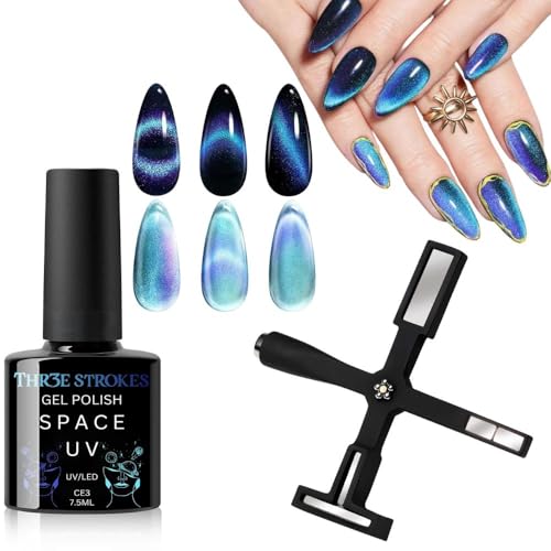 Image of THR3E STROKES 9D Cat Eye Gel Nail Polish 7.5ML - Glitter Magnetic Gel with 3D Shimmering Effect - 5 in 1 Magnet Set - UV /LED Soak Off Gel for Nail Art & DIY Manicure at Home (CE3)