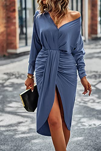 Prettygarden Women's Ruched Wrap Dress Long Sleeve V Neck Split Hem Draped Front Midi Bodycon Dresses (Blue,Large) #TOP3