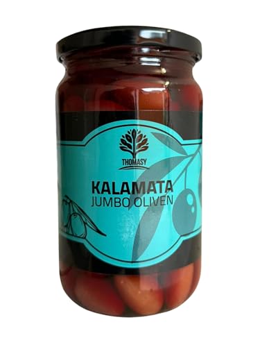 Kalamata Jumbo Oliven – ganze Kalamata-Oliven in Salzlake, Glas 750 g, aromatisch & fleischig, ideal für Antipasti, Salate & mediterrane Küche
