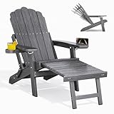 Ahomly Adjustable Backrest Adirondack Chair with Ottoman, HIPS Weather Resistant, Folding with 2 Cup Holders for Outdoor, Porch, Lawn, Beach, Pool, Grey