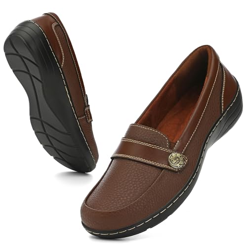 SELFLOW Women's Loafers Slip On Leather Flats Casual Comfortable Ladies Dress Cute Closed Toe Shoes for Work Business Walking Everyday 8 Brown