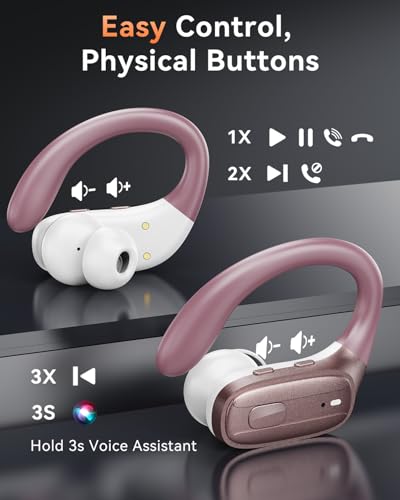 Image of LEEMC Wireless Earbuds, Bluetooth Headphones 5.4, 80Hr Playtime Ear Buds with Hooks for Sports, Noise Canceling, LED Display, IPX7 Waterproof Earphones for Workout Running, Rosegold