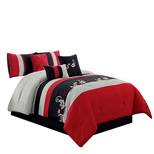 Chezmoi Collection Napa 7-Piece Luxury Leaves Scroll Embroidery Bedding Comforter Set (California King, Red/Gray/Black)