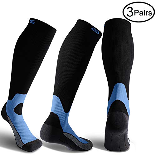 CS CELERSPORT 3 Pairs Compression Socks 20-30mmHg for Men and Women-Best Stockings for Running, Traveling, Shin Splints, Nurse, Athletic and Pregnancy Blue S/M