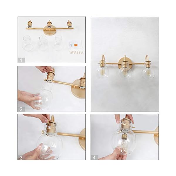 KSANA Goldfarbene Badezimmer-Leuchten mit transparentem Glasschirm, 55,9 x 17,8 x 22,9 cm – Bild 9