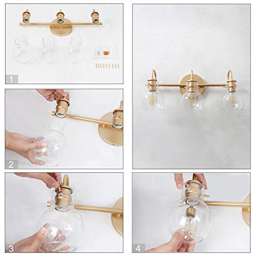 KSANA Gold Bathroom Light Fixtures, 3 Light Modern Vanity Lights Over Mirror with Globe Clear Glass Shades for Bedroom, Kitchen, Powder Room by KSANA - Used condition - Image 9