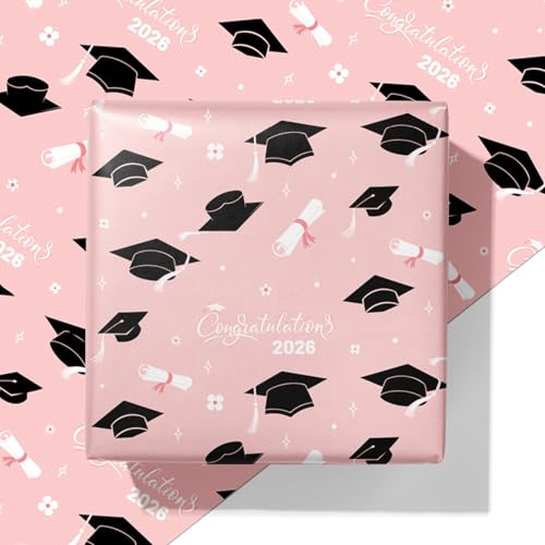 Cuitpan 2026 Graduation Wrapping Paper - 4 Jumbo Sheets 28x40 Inches Pink Cap & White Diploma Design Gift Wrap for Graduates Graduation Parties Seniors School Events