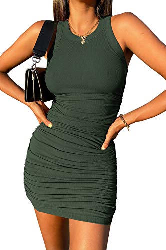 Wenrine Womens Crew Neck Sleeveless Bodycon Dress Ribbed Slim Fit Ruched Stretchy Party Club Short Mini Dress Army Green #TOP11