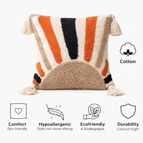 Image of Cushion Cover Pack of 4 (16x16 Inches) | Cotton Textured Decorative Throw Pillow Case for Sofa Bed Living Room Tufted Cushion Cover with Tassels (Multicolor)