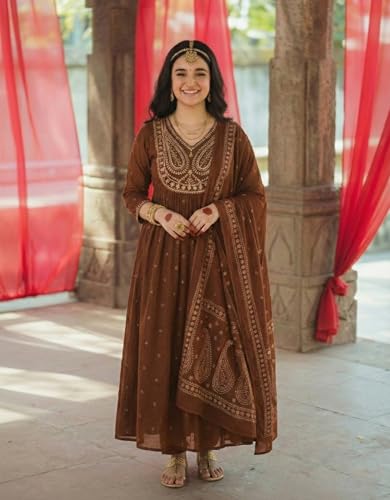 Image of GoSriKi Rust Anarkali Kurta Set for Women with Dupatta | Cotton Kurti Set for Woman | Embroidered Anarkali Suit for Women Kurti Pant Set with Dupatta | Suit Set for Women Latest
