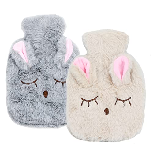 2x Bolsa de Agua Caliente de 300ml, Botellas de Agua Caliente con Suave Felpa Funda Hot Water Bottle Natural Goma Agua Caliente Bolsa para niños, mejor regalo, Conejo Gris Beige Cover
