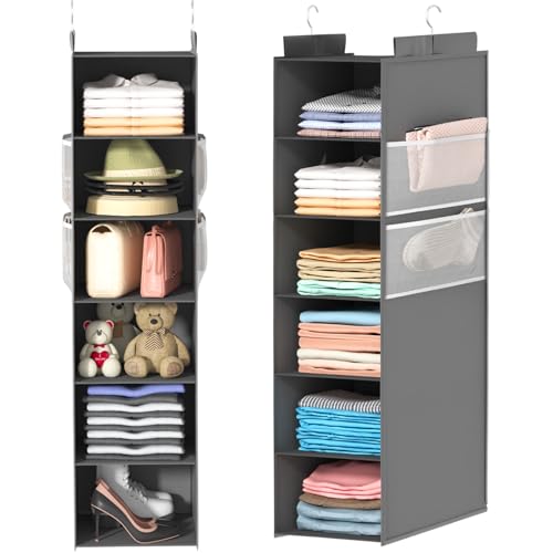 ALLTIDYUP Extra Deep Hanging Closet Organizer with 6 Shelves and Oversized Mesh Pockets, Heavy-Duty Structure, No Deformation, Max Storage for Clothes, Shoes, Hats, Dorms and RVs, Grey,1-Pack