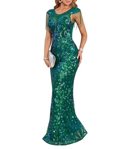Image of Cololura Women Sexy Sequin Mesh Perspective Bodycon Party Cocktail Evening Gown Maxi Dress