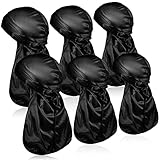 Tarpop 6 Pcs Black Silky Durag with Long Tail Silk Doo Rags for Men Satin Durag for 360 540 720 Waves Turban Durag Men Black Bandanas for Hip Hop Rapper Man Woman Teenagers Gifts