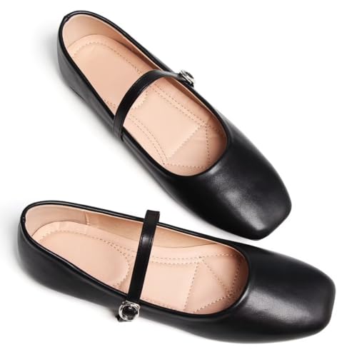 TN TANGNEST Women's Mary Jane Shoes Ballet Flats for Women Comfortable Round Toe Slip On Flats Ankle Strap Flats Black 39(7) 2