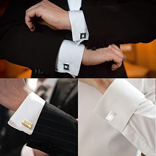 CASDAN 12 Pairs Cufflinks for Men Classic Tone Cuff Links Silver Black Striped Disc Square CZ Rectangle Cuff Links Shirt Suit Men’s Cufflinks For Wedding Groom Business Elegant Gift4