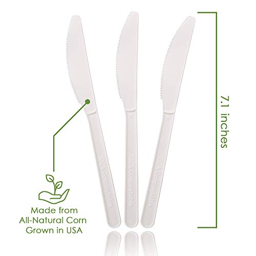 Ecovita 100% Compostable Knives - 500 Large Disposable Utensils (7 in.) Bulk Size Eco Friendly Durable and Heat Resistant Alternative to Plastic Knives with Convenient Tray