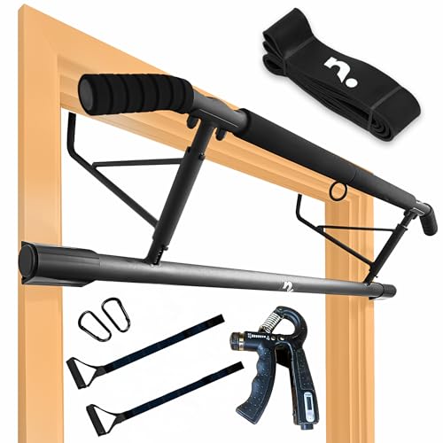 NIKHEDONIA Doorway Pull Up Bar with Foldable Design | No Drilling Needed | Comes With Suspension Bands, Resistance Bands and Hand Grip Strengthener/Forearm Strengthener | Perfect for Doorframes