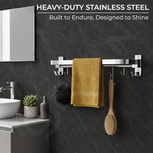Image of GRIVAN Stainless Steel Towel Rod for Bathroom with Hooks | Foldable Towel Holder Stand with Drill Mount - Bathroom Hangers for Clothes (1, Silver, 18 INCH)