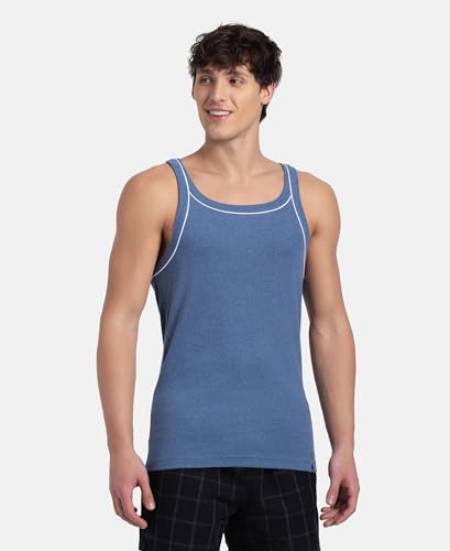 Image of Jockey US54 Men's Super Combed Cotton Rib Square Neckline Gym Vest with Back Panel Graphic Print (Shoulder Starp Color May Vary)